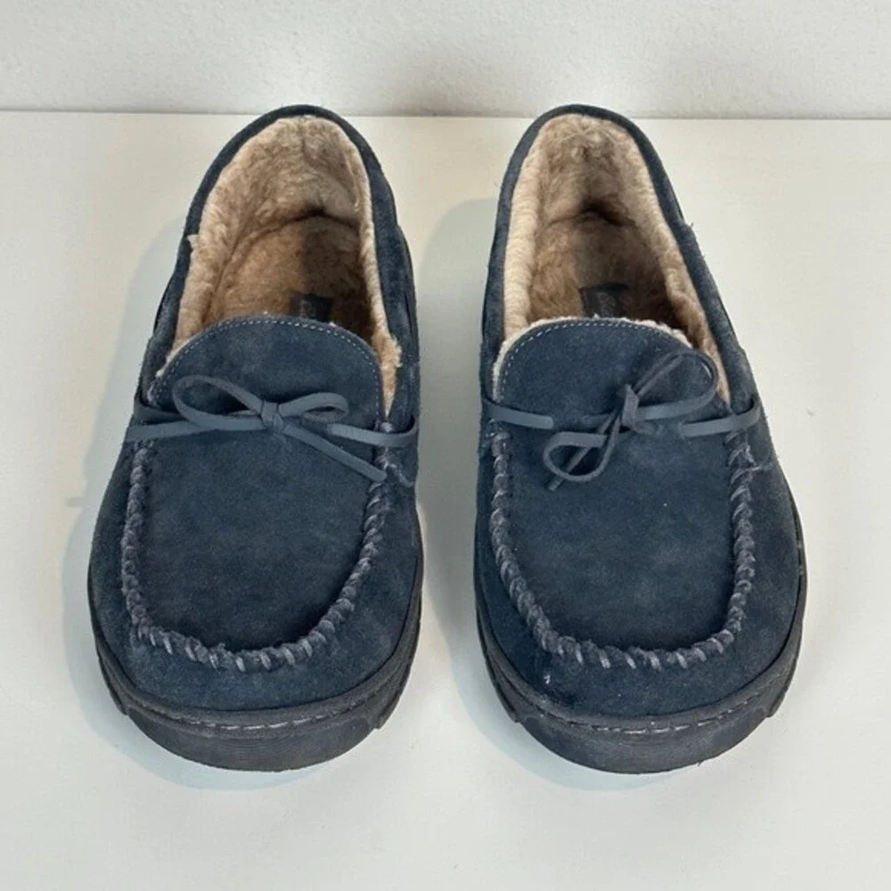Eddie Bauer Firelight Suede Grey Shearling Lined Moc Slippers L 9.5-10.5